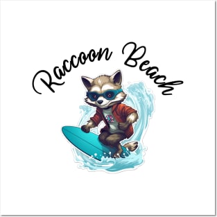 Raccoon Surfing - Raccoon Beach (Black Lettering) Posters and Art